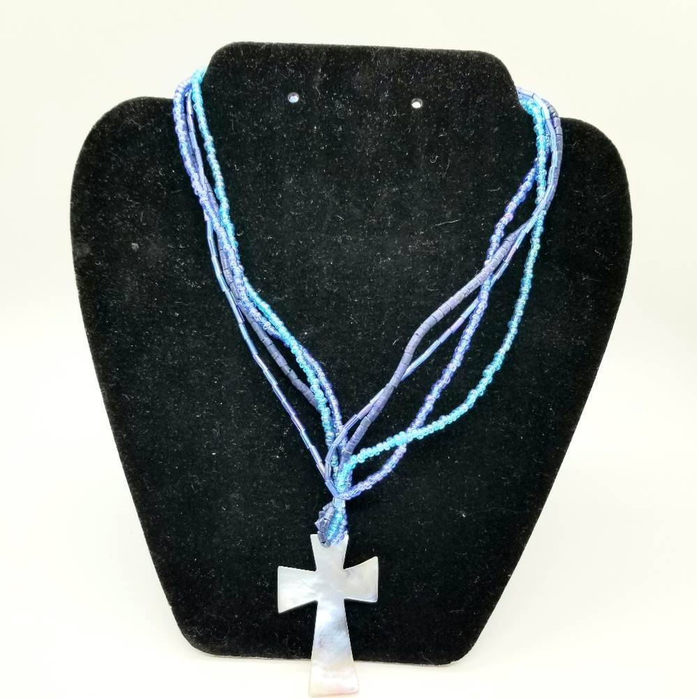 NWT Shell Cross Blue Beaded Christian Necklace